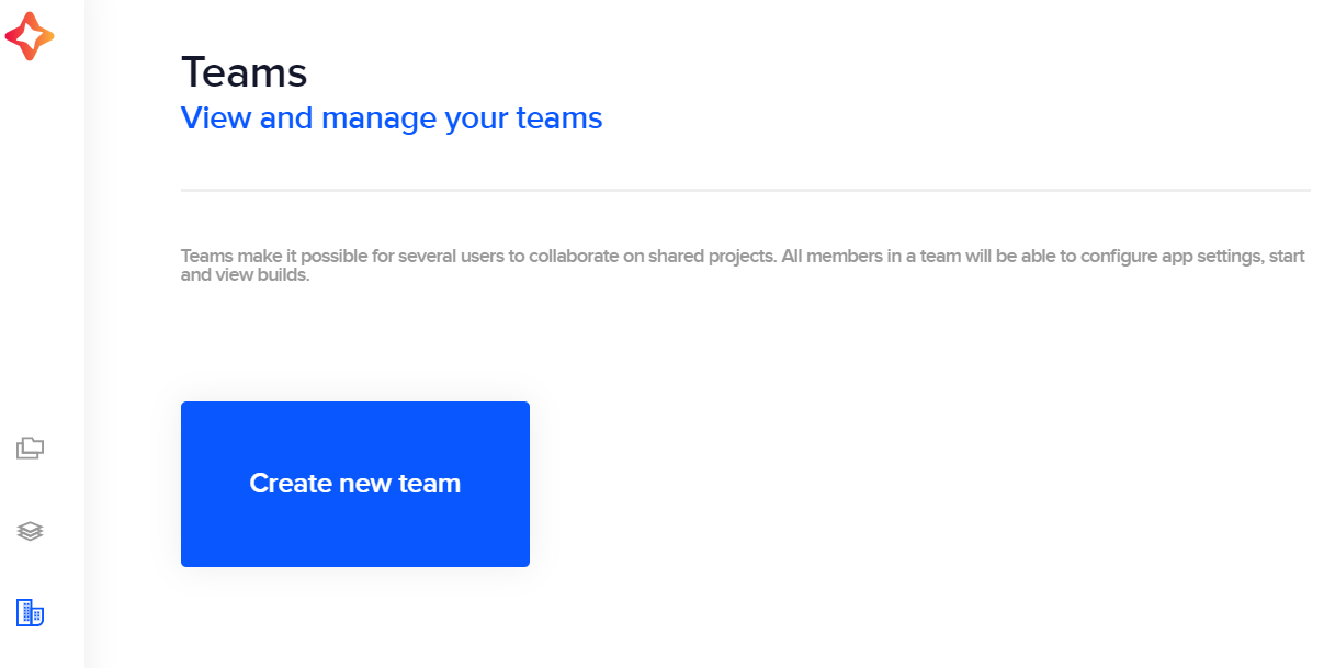 Codemagic Teams page with the Create new team button