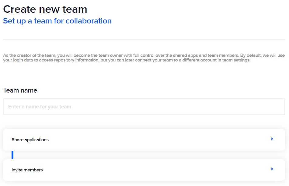 Codemagic create new team form with a team name field