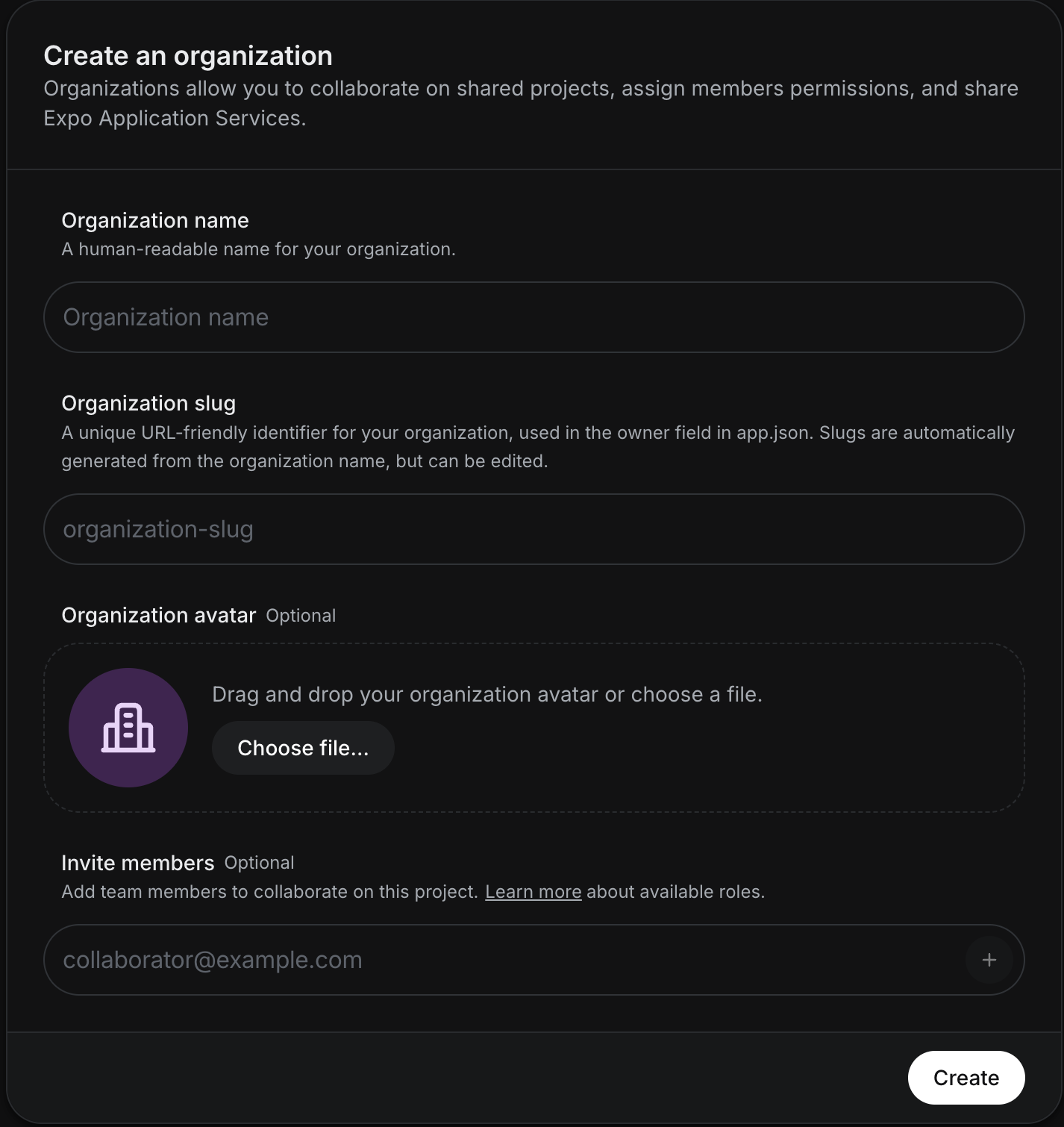 Expo Create an organization form with name, slug, avatar, and invite members fields