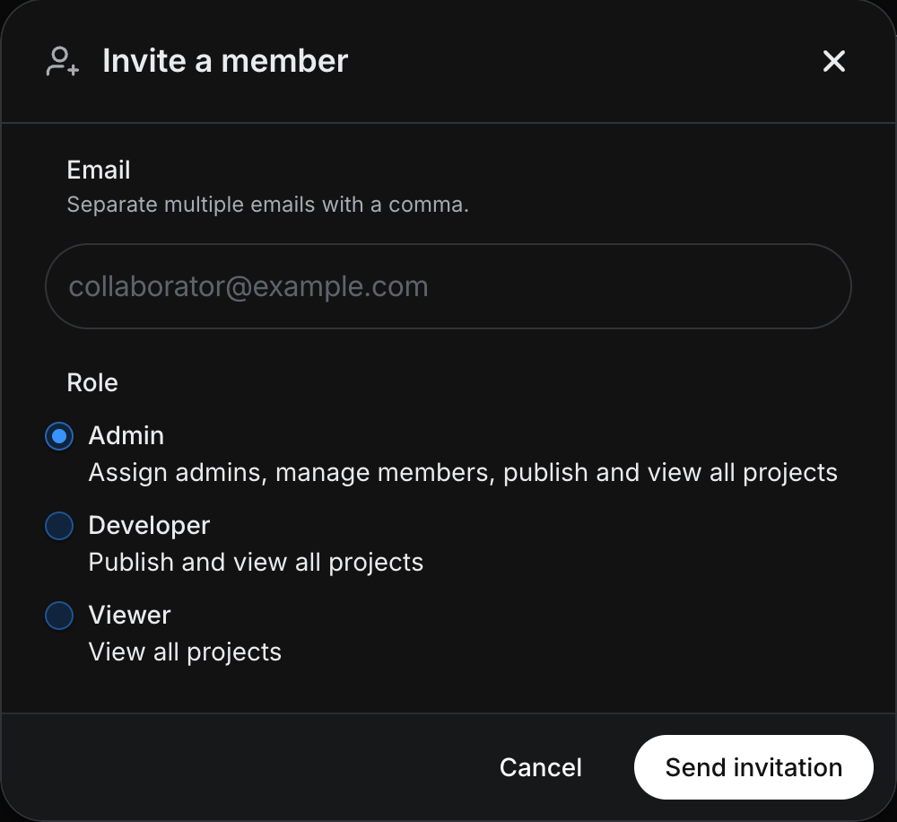 Expo Invite a member dialog with the Admin role selected