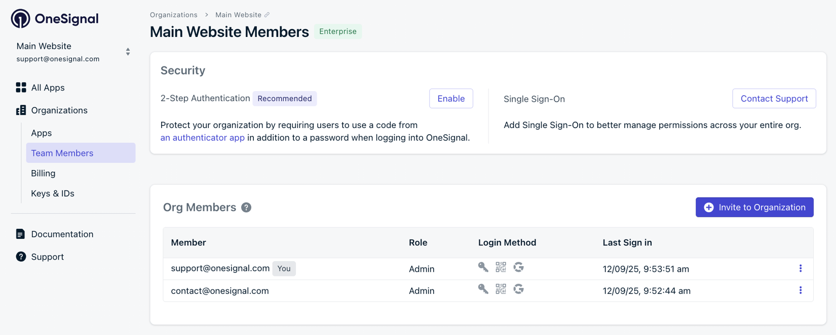 OneSignal organization Team Members page with the Invite to Organization button
