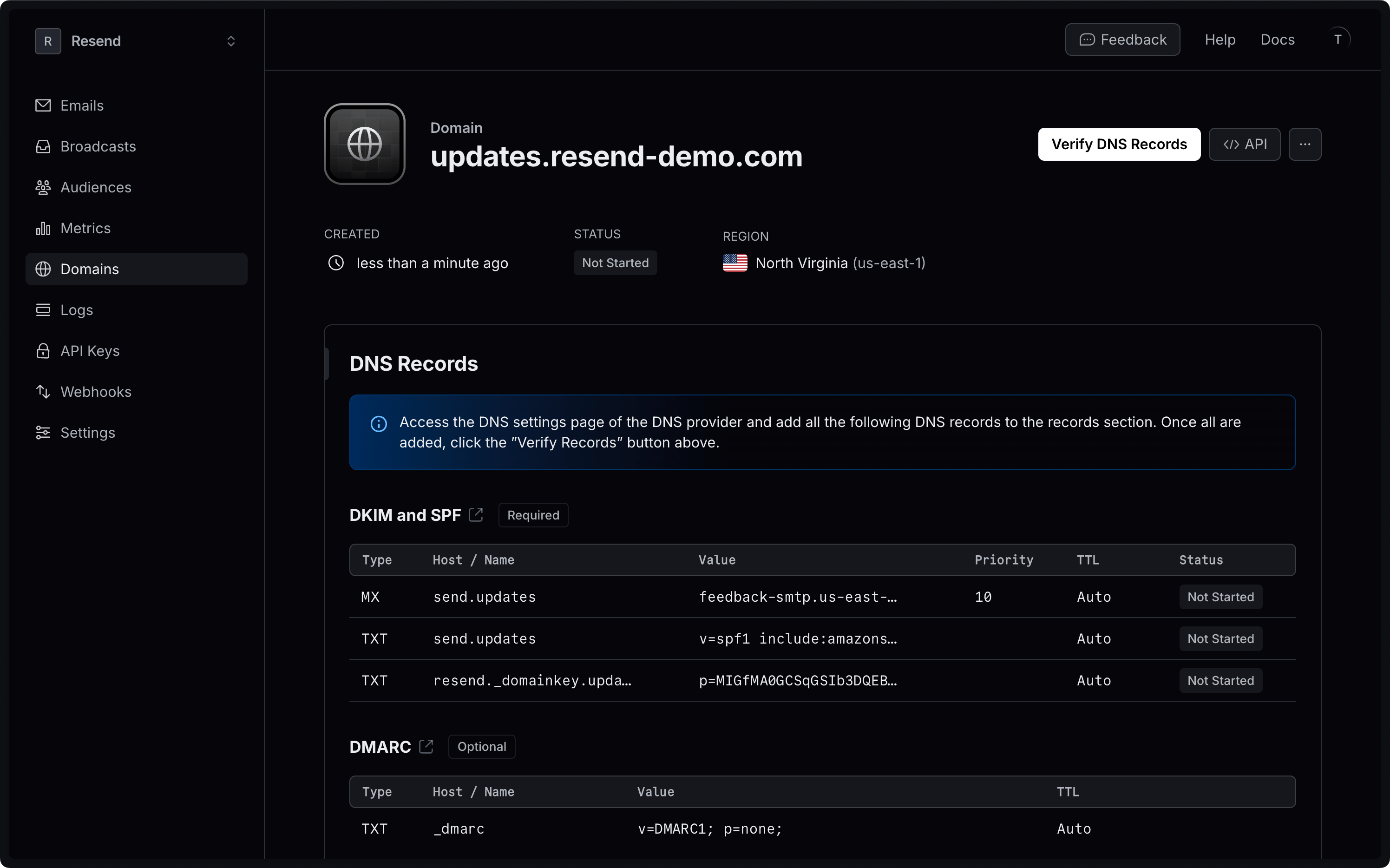 Resend domain overview with the DNS records to add