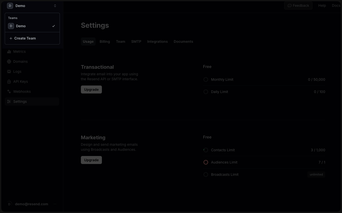 Resend team switcher and settings tabs